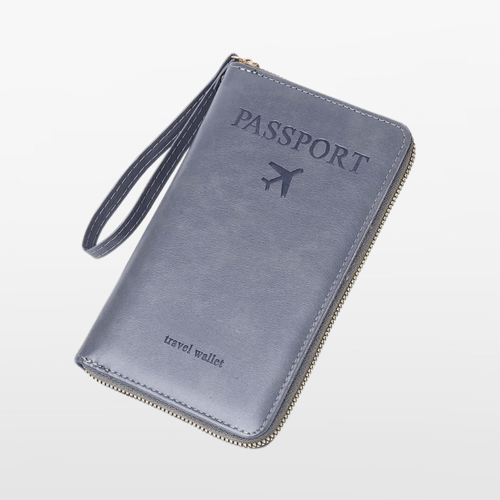 Gray travel wallet with 'PASSPORT' and airplane icon on a white background