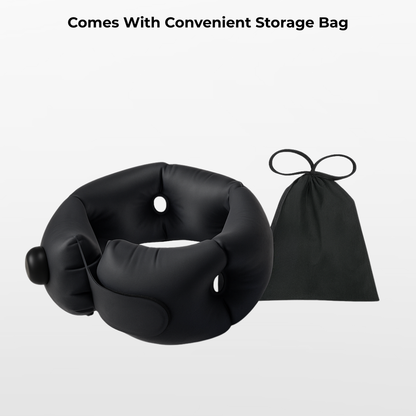 Black inflatable neck pillow with a convenient storage bag on a light gray background