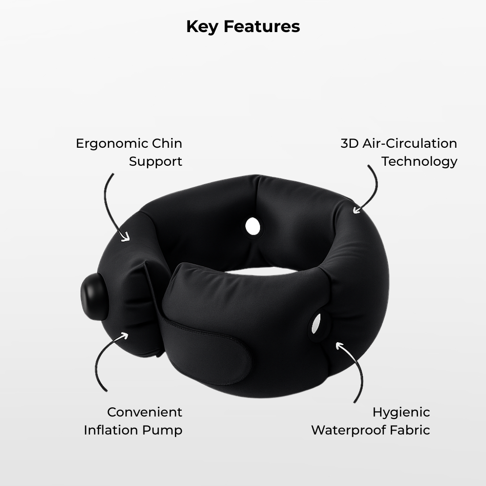 Black travel neck pillow with labeled key features on a white background