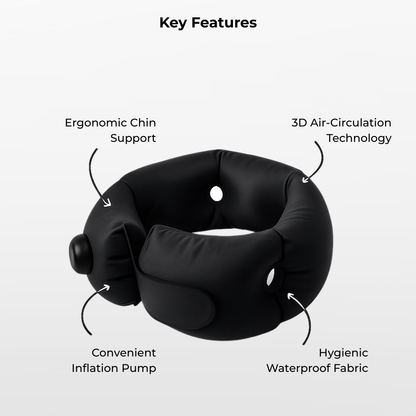 Black travel neck pillow with labeled key features on a white background