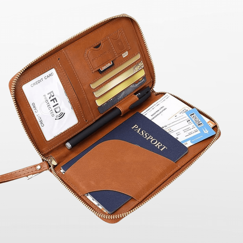 Brown travel wallet with compartments for passport, cards, and a pen on a white background