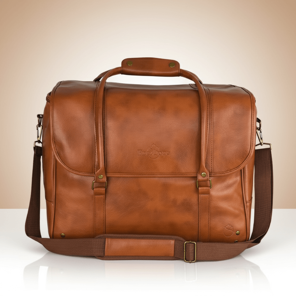 Brown leather bag with a strap on a beige background