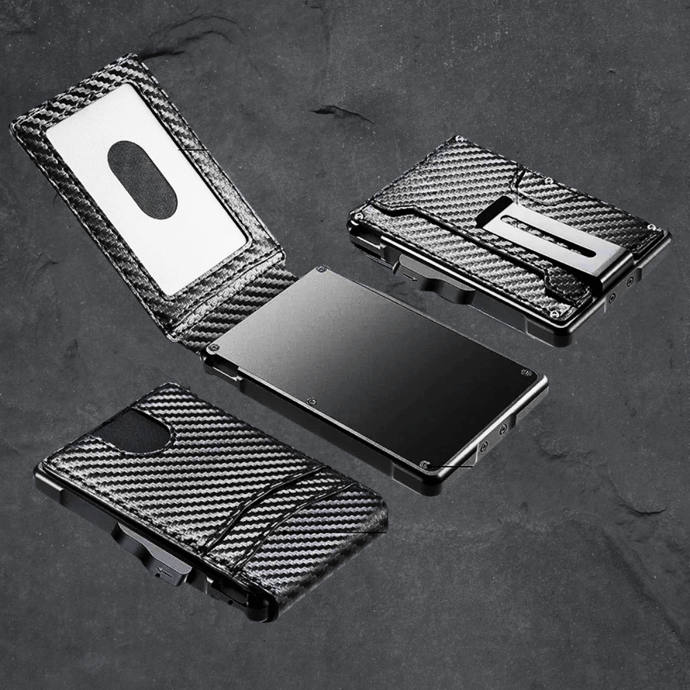 Carbon fiber patterned wallets on a dark textured surface