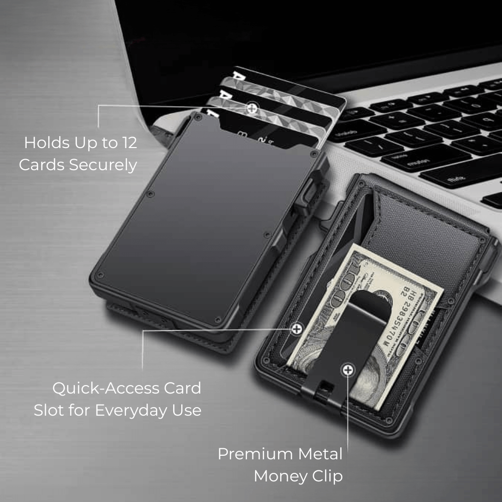 Black wallet with card slots and money clip on a laptop background