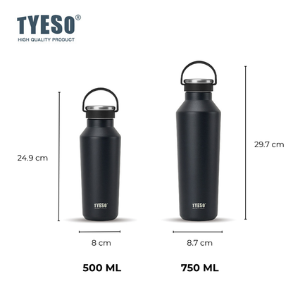 Two black water bottles with measurements on a white background, featuring the TYESO brand.