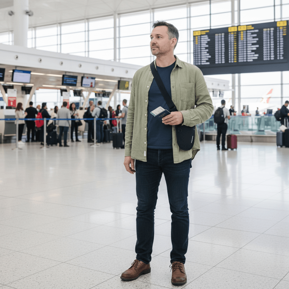 Man standing in an airport terminal with a luggage bag and passport