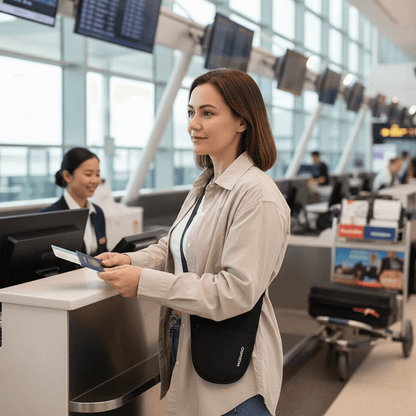 Woman at an airport check-in counter with a travel bag