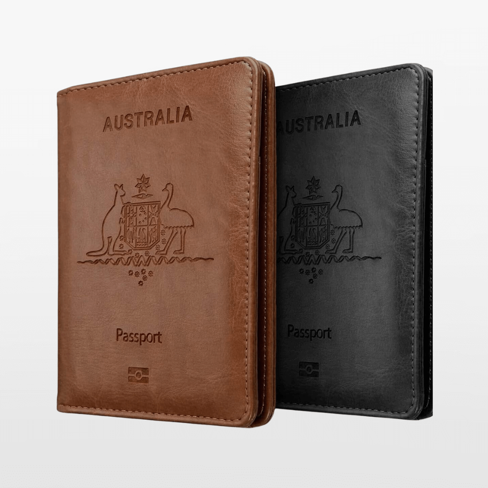 Brown and black Australia passport holders with embossed designs on a white background