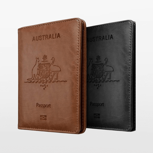 Brown and black Australia passport holders with embossed designs on a white background