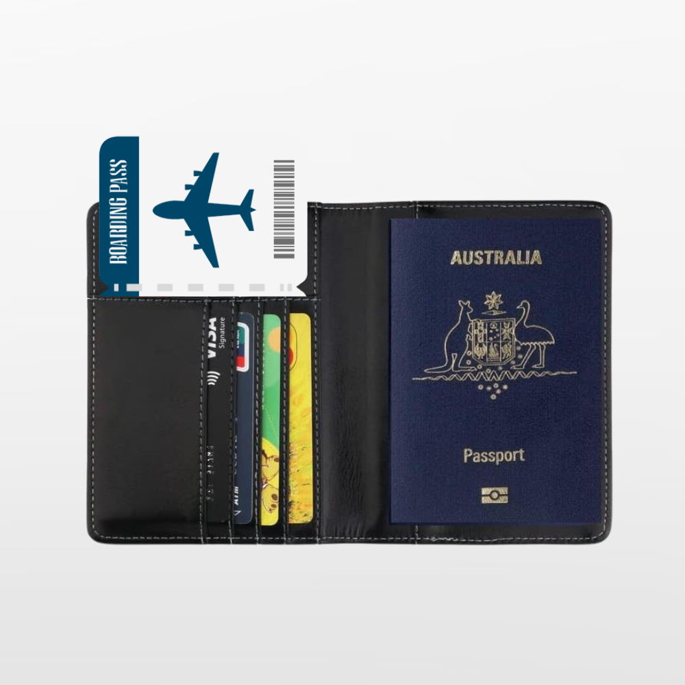 Black passport holder with Australian passport, cards, and boarding pass on a white background