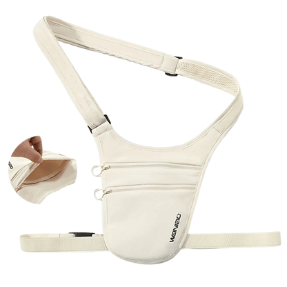 Beige baby carrier with a small brown item on a white background