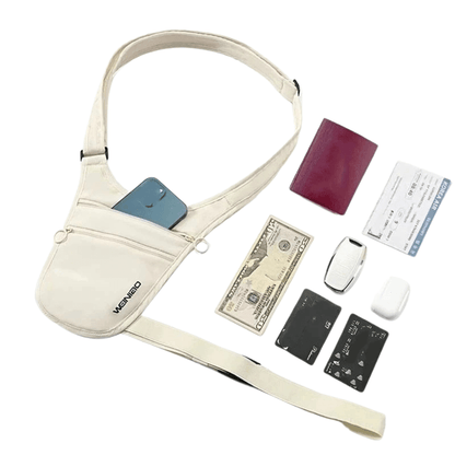 Beige waist bag with various items including a phone, money, and cards on a white background