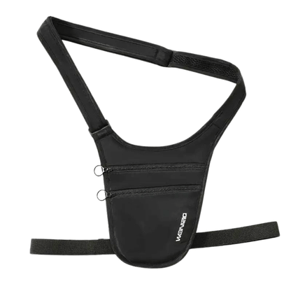 Black shoulder bag with multiple zippers on a white background