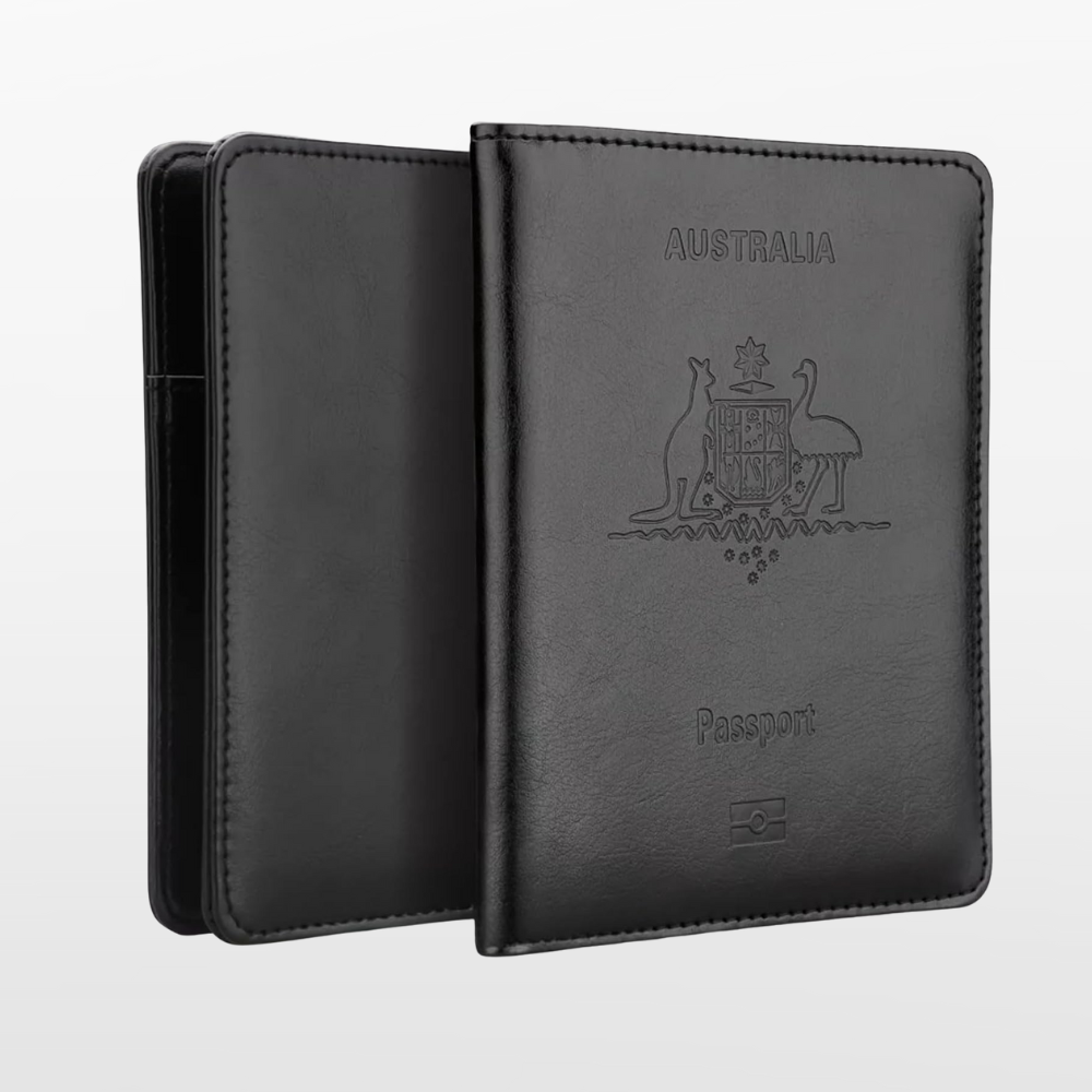 Black leather passport holder with 'Australia' text and emblem on a white background