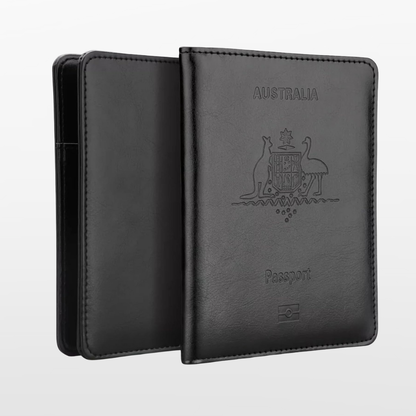 Black leather passport holder with 'Australia' text and emblem on a white background
