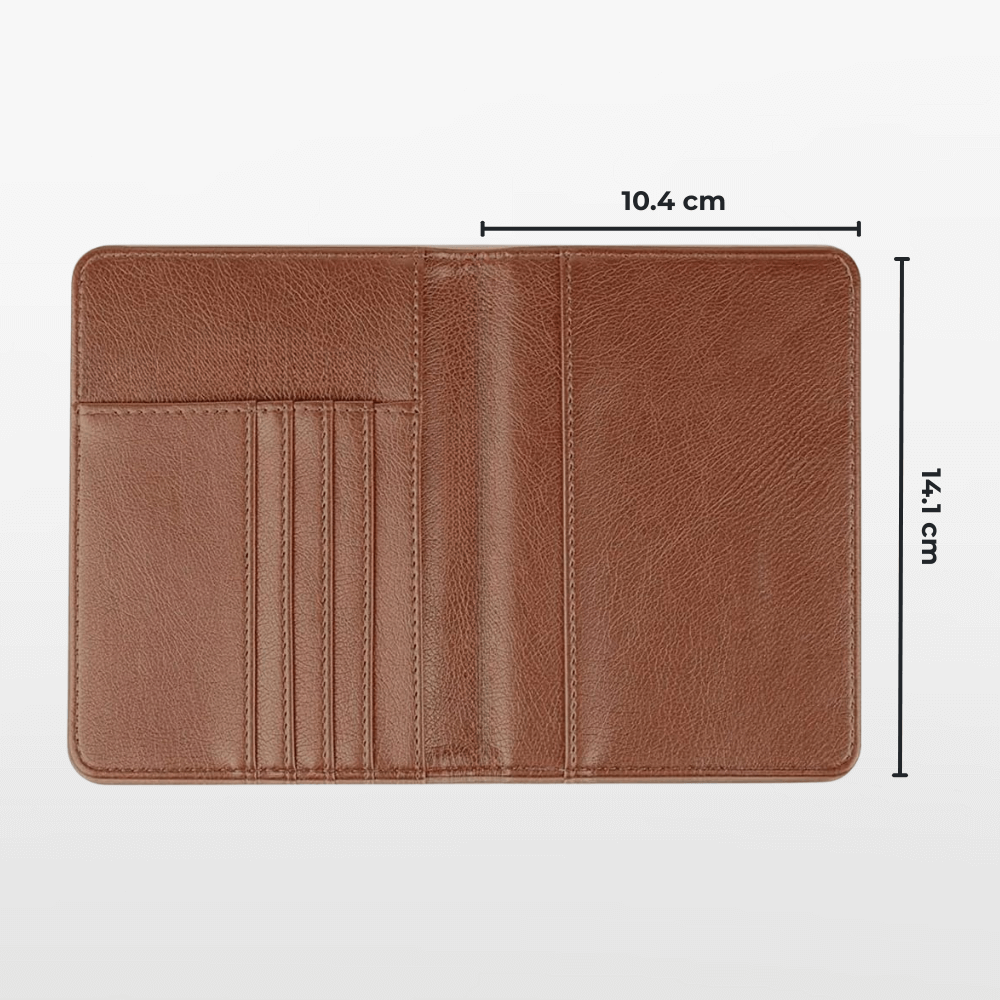 Brown leather wallet with dimensions indicated on a white background