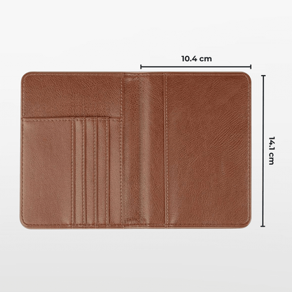 Brown leather wallet with dimensions indicated on a white background