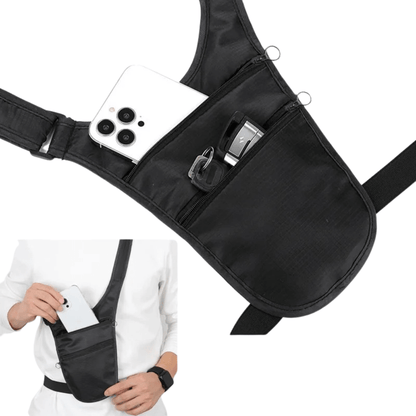 Black waist bag worn by a person with a phone inside, on a white background