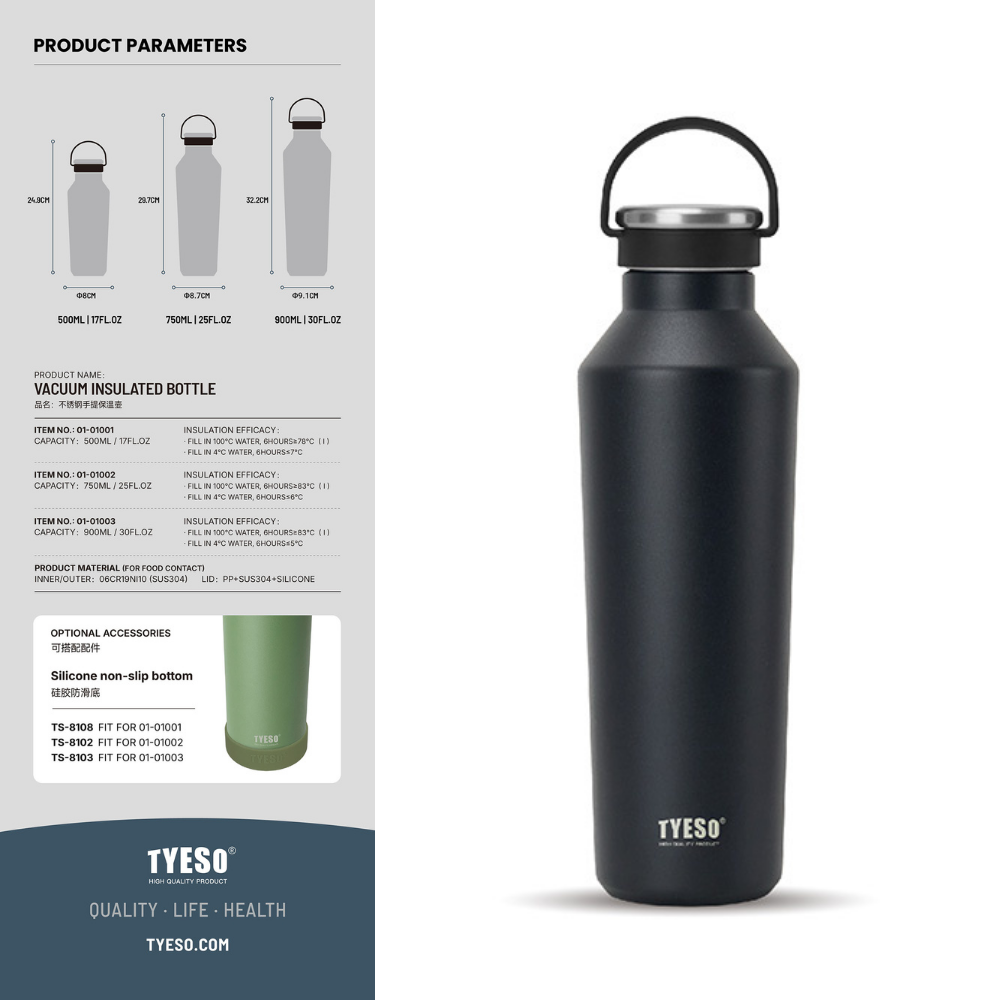 Black insulated bottle with YESO branding on a white background