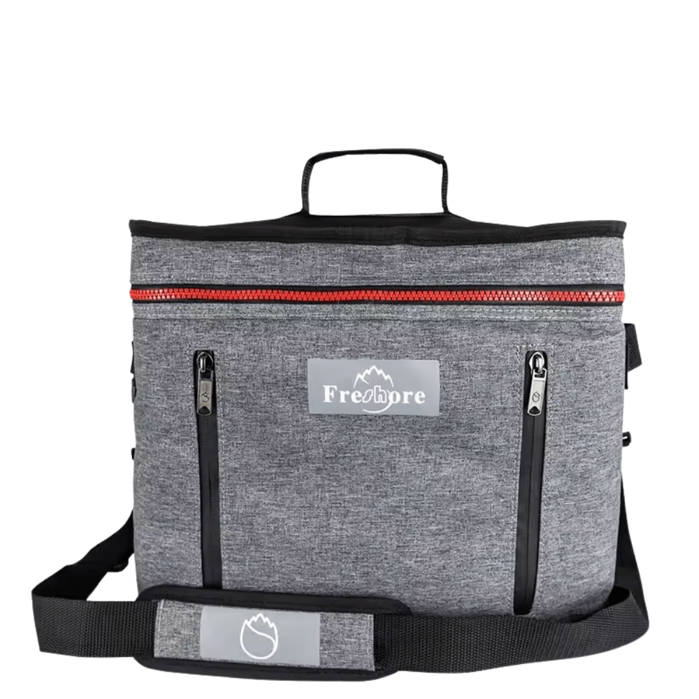 Gray bag with black accents and a visible brand logo on a white background