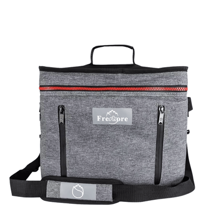 Gray bag with black accents and a visible brand logo on a white background