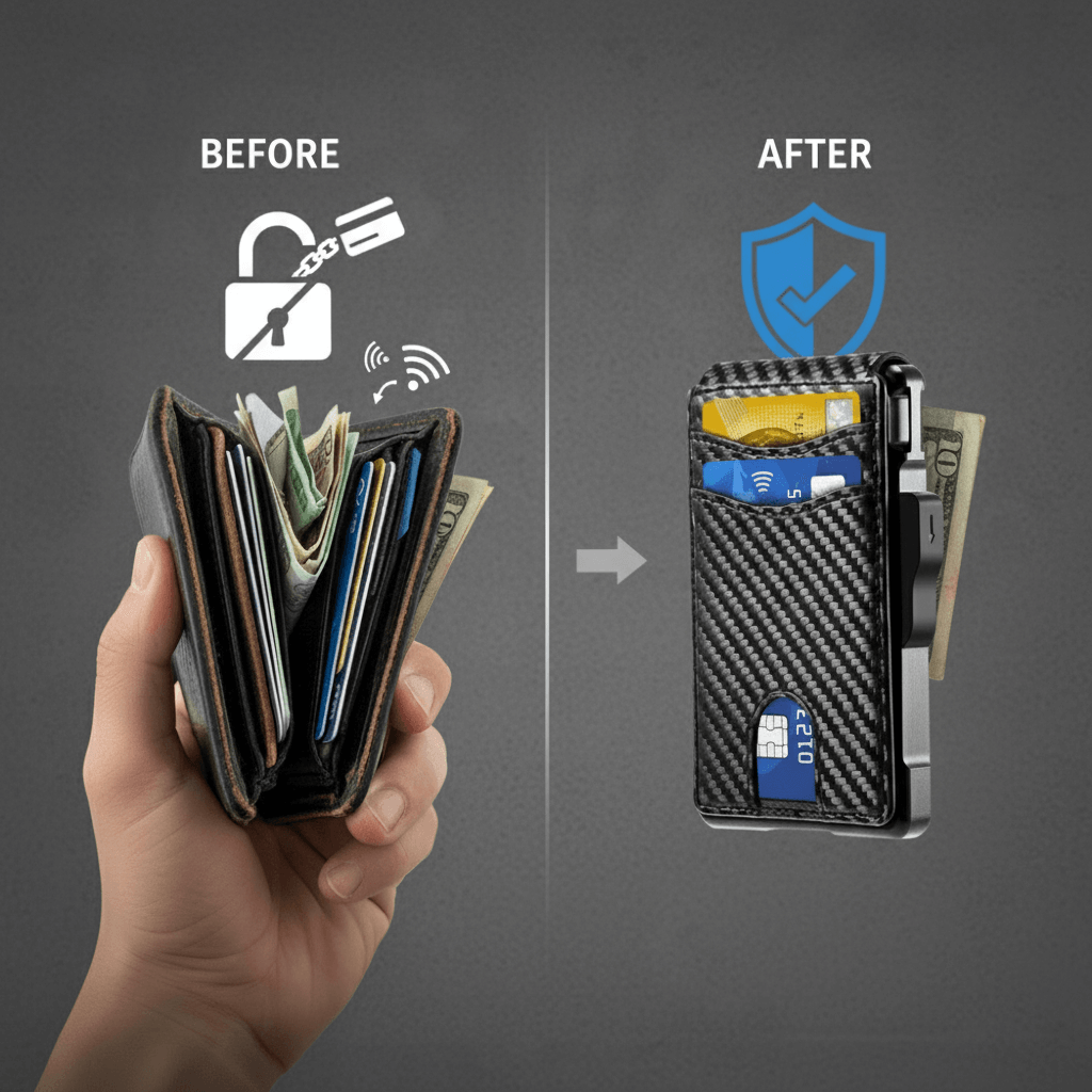 Hand holding an open wallet with money and cards, transitioning to a closed carbon fiber wallet with security features.