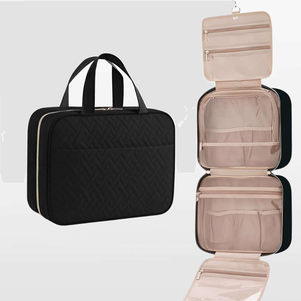 Black quilted travel bag and beige open travel organizer on a light gray background