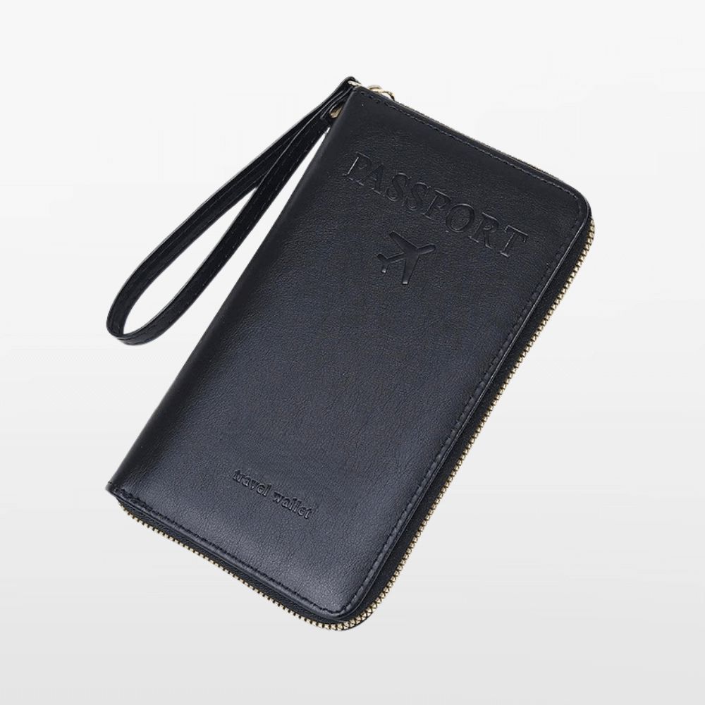 Black travel wallet with a strap on a white background