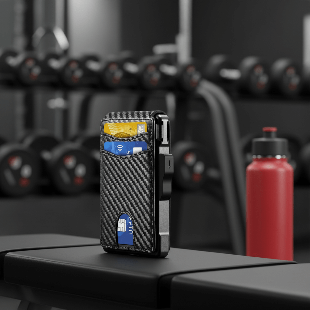 Carbon fiber phone case on a table with gym equipment in the background