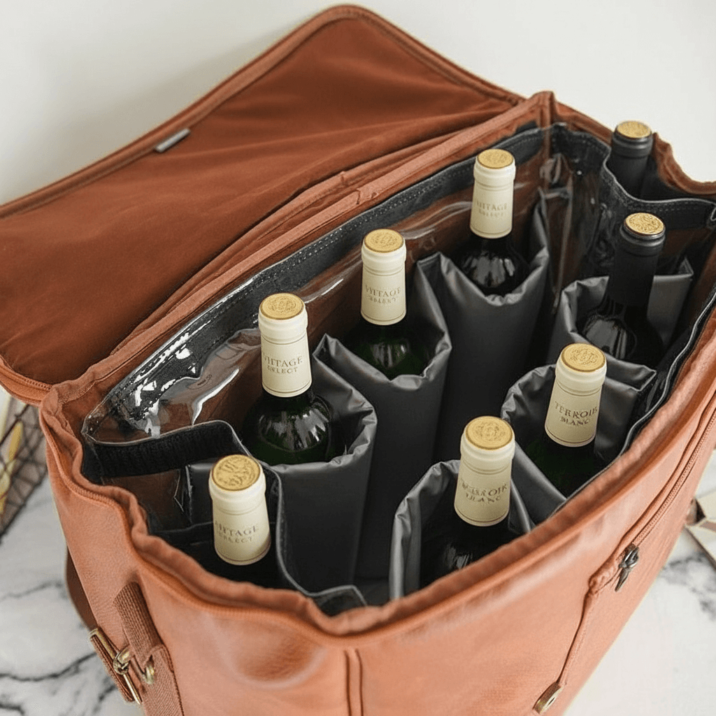 Brown leather wine carrier with six bottles of wine on a marble surface