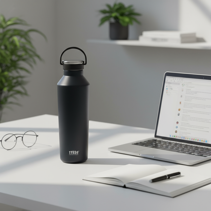 Black water bottle on a desk with a laptop, glasses, and notebook.