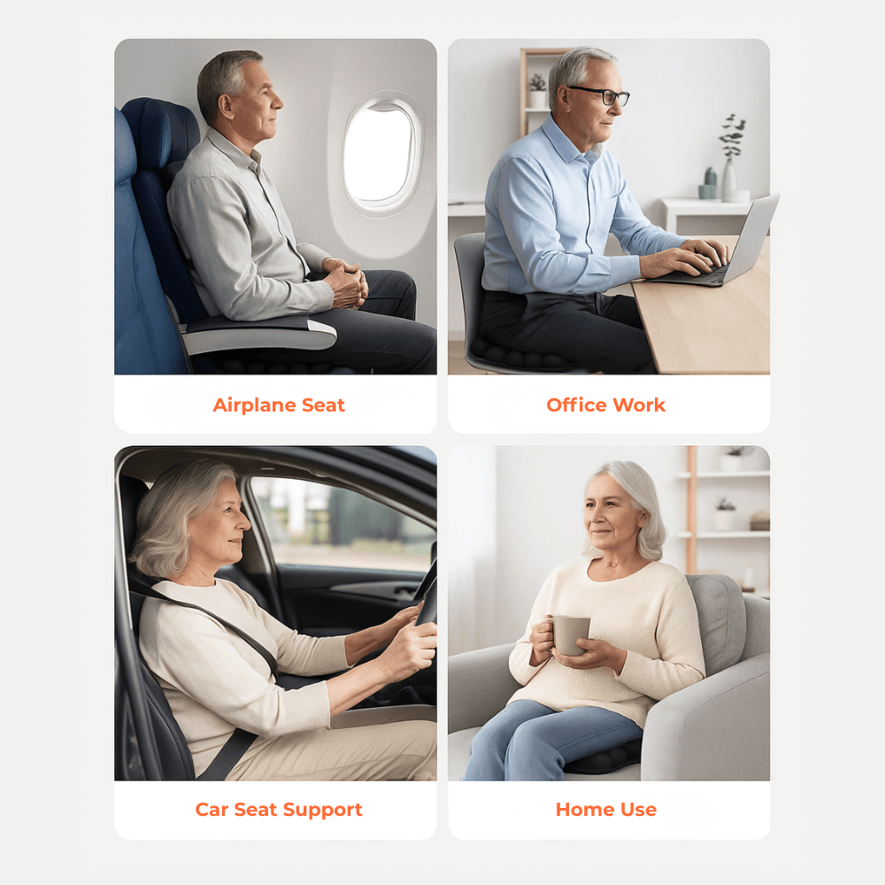 Collage of a man and woman using an airbag support system in various settings: airplane seat, office work, car seat support, and home use.