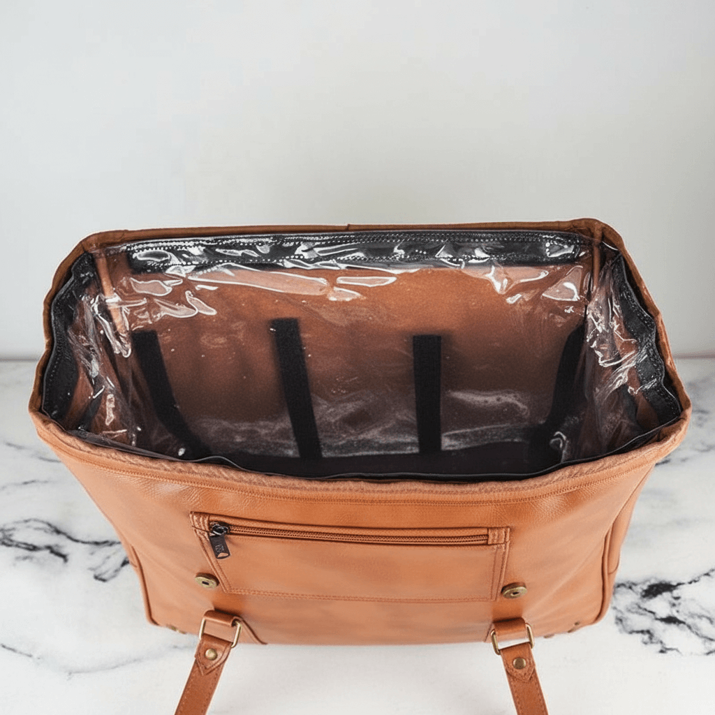 Brown leather bag with a clear plastic liner on a marble surface