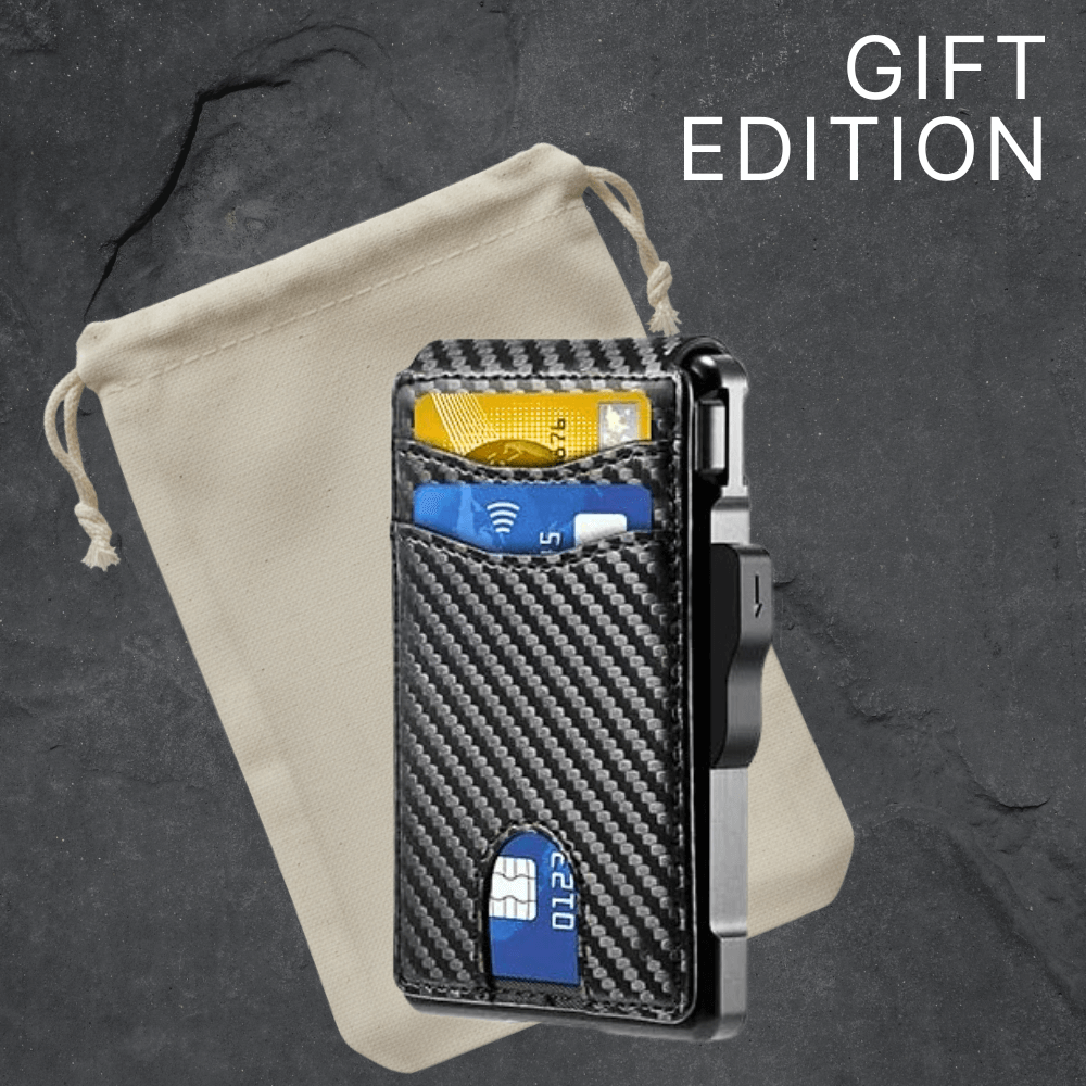Carbon fiber wallet with cards on a dark background with 'Gift Edition' text