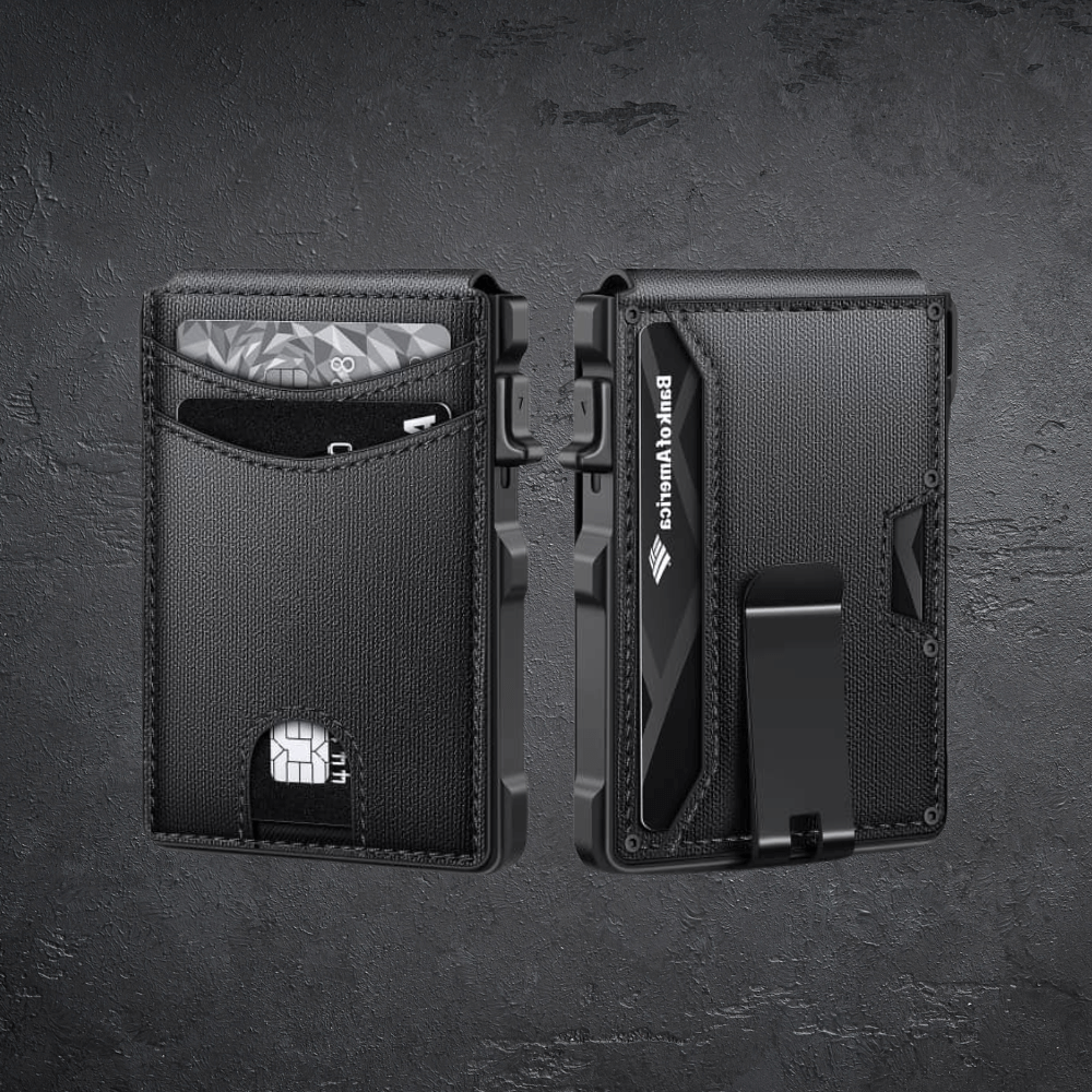 Black wallet with card slots and a stand on a dark textured background