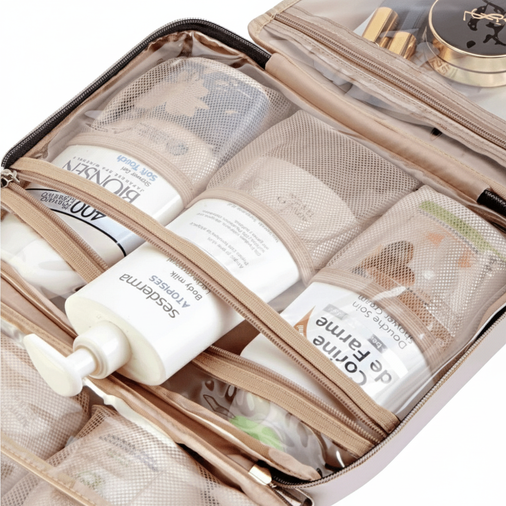 Cosmetic bag with skincare products including bottles and a tube.