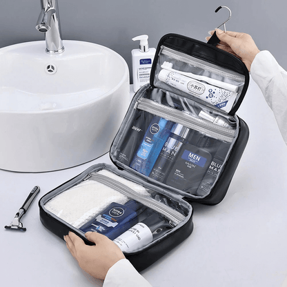 Open travel toiletry bag with Nivea products next to a sink