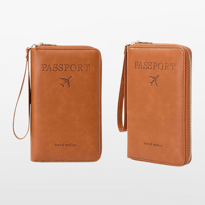 Two brown leather passport travel wallets on a white background