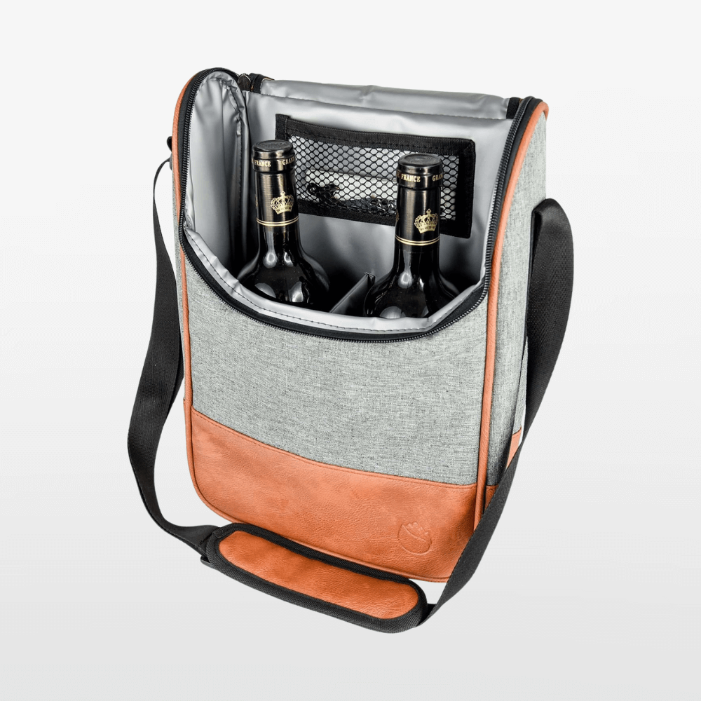 Gray and orange cooler bag with wine bottles on a white background