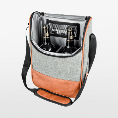 Gray and orange cooler bag with wine bottles on a white background