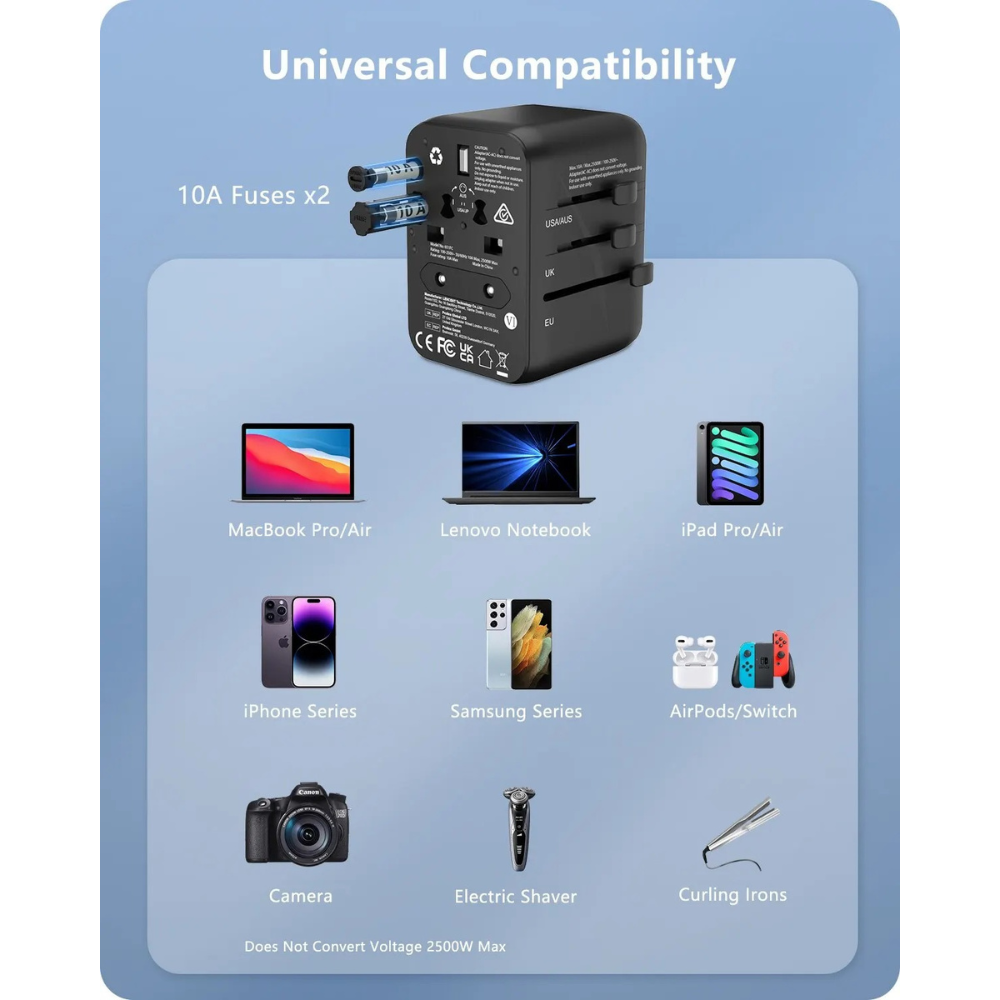TravelSmart™ Universal Travel Adaptor — Safe, Compact. Worldwide Use.