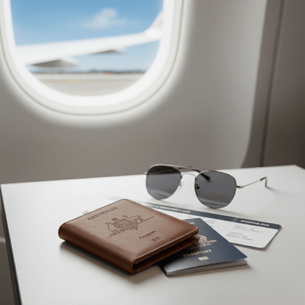 Brown leather wallet, sunglasses, and passports on a table with an airplane window in the background