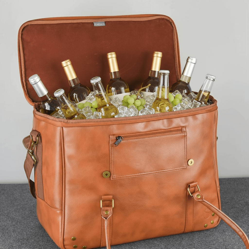 Brown leather cooler bag with bottles and ice on a gray background