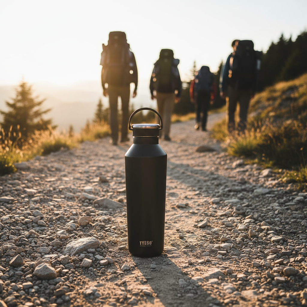 Black water bottle with 'TYRUS' branding on a hiking trail with hikers in the background.