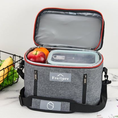 Gray cooler bag with 'Freshpre' branding, open to reveal food items on a white background.