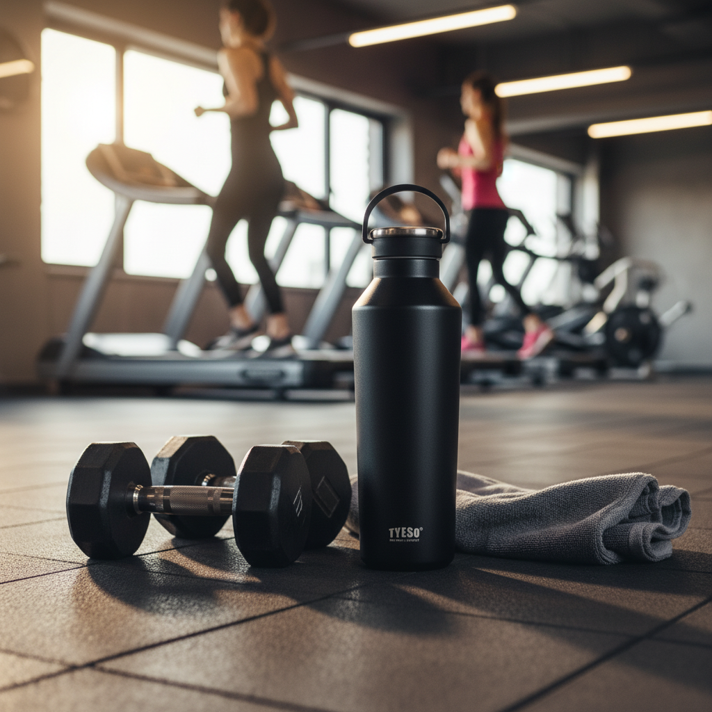 Black water bottle, dumbbells, and towel on a gym floor with people exercising in the background