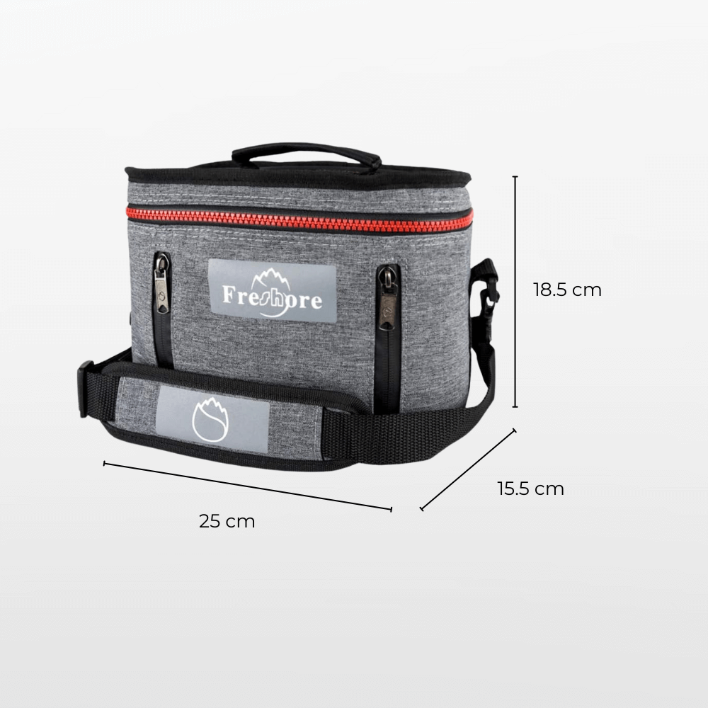 Gray cooler bag with black handle and red zipper, featuring Freshpre logo, on a white background with dimensions indicated.