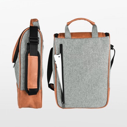 Gray backpack with brown accents on a white background