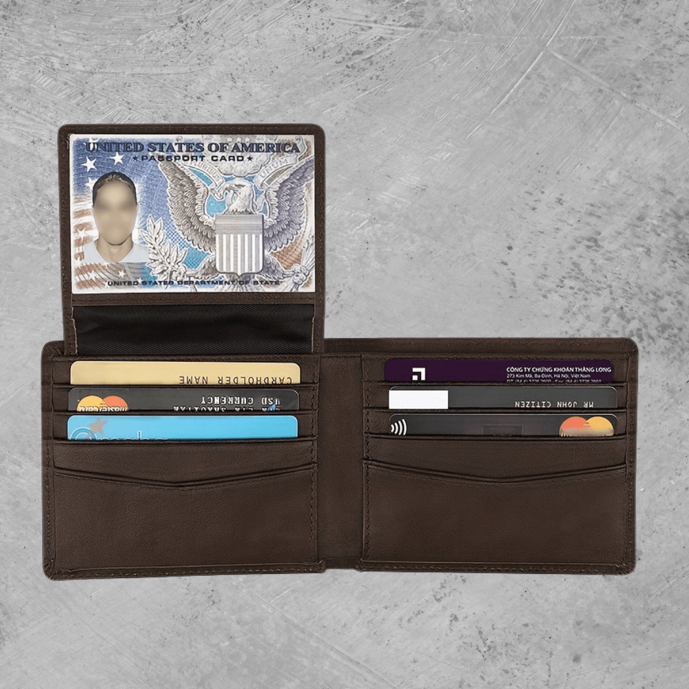Brown wallet with card slots and a passport holder on a gray surface