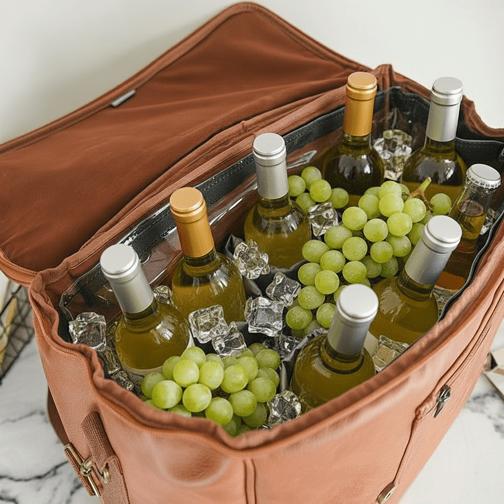 Open brown leather suitcase with bottles of white wine, green grapes, and ice cubes on a marble surface.